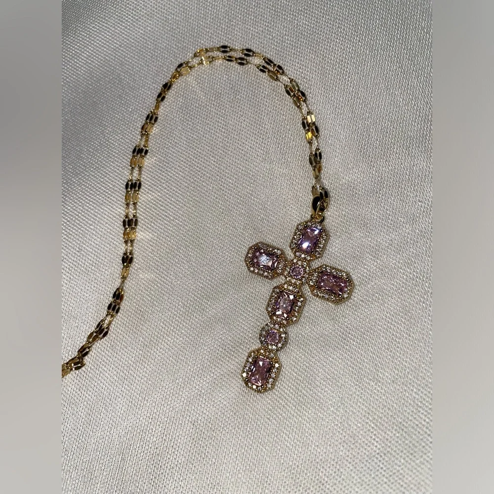 Gold & Pink Bling Cross Pendant Necklace